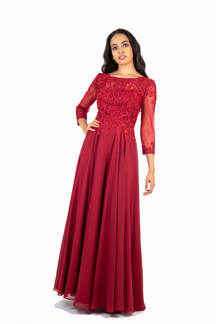 'AISHA' Lace Applique Sleeve Chiffon Empire | Wine Red