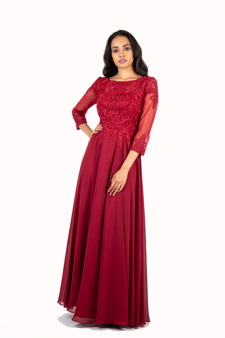 'AISHA' Lace Applique Sleeve Chiffon Empire | Wine Red