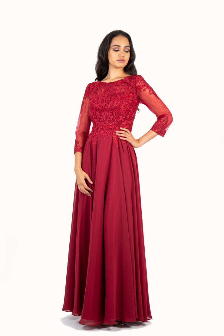 'AISHA' Lace Applique Sleeve Chiffon Empire | Wine Red