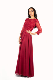 'AISHA' Lace Applique Sleeve Chiffon Empire | Wine Red