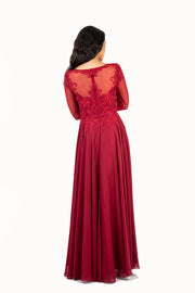 'AISHA' Lace Applique Sleeve Chiffon Empire | Wine Red