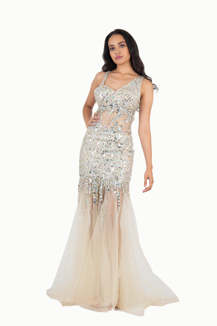 'BIANCA' Beaded Tulle Open Back Mermaid | Champagne