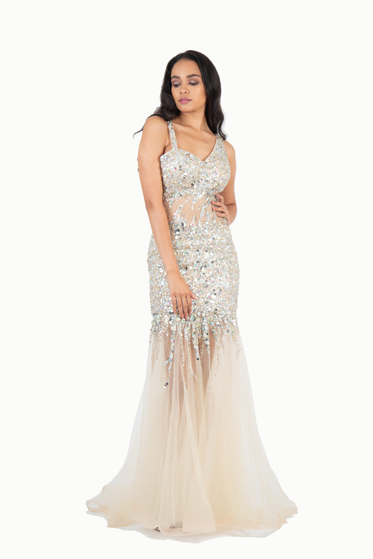 'BIANCA' Beaded Tulle Open Back Mermaid | Champagne