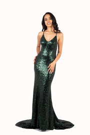 'MINX' Sequin V-Neck Open Back Fitted Train | Emerald