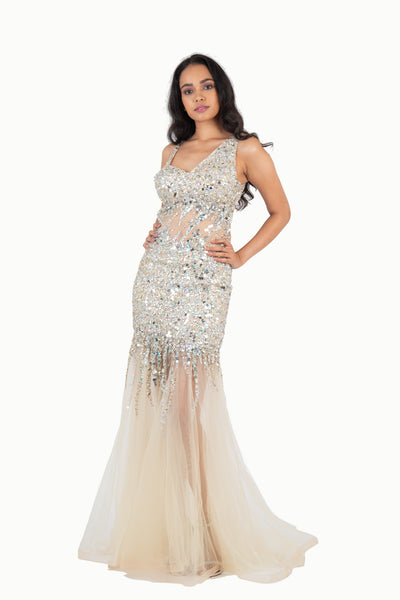 'BIANCA' Beaded Tulle Open Back Mermaid | Champagne