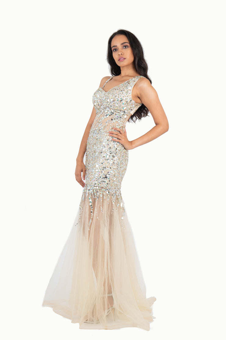 'BIANCA' Beaded Tulle Open Back Mermaid | Champagne