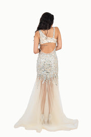 'BIANCA' Beaded Tulle Open Back Mermaid | Champagne