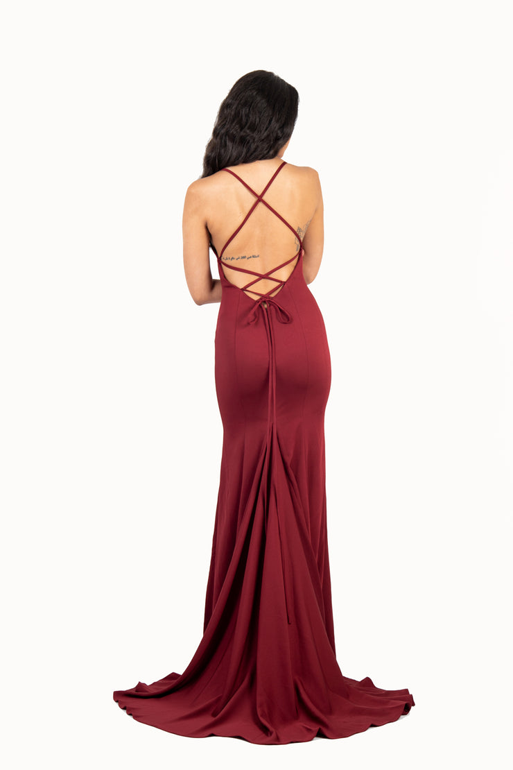 'MINX' Jersey V-Neck Open Back Fitted Train | Wine Red