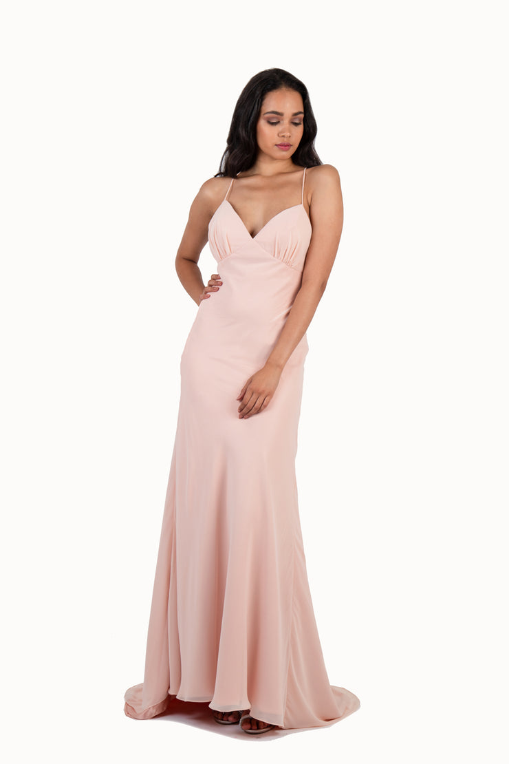 'JOY' Chiffon V-Neck Open Back Flare-Cut | Soft Rose