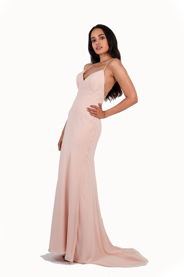 'JOY' Chiffon V-Neck Open Back Flare-Cut | Soft Rose