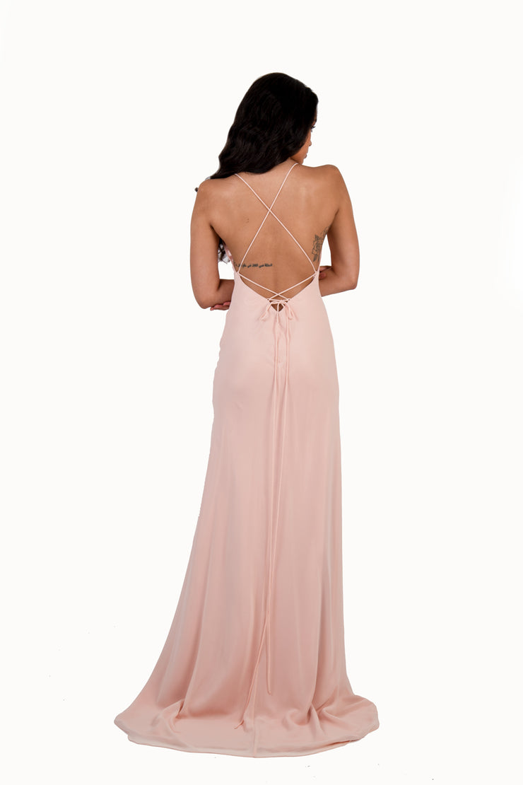 'JOY' Chiffon V-Neck Open Back Flare-Cut | Soft Rose