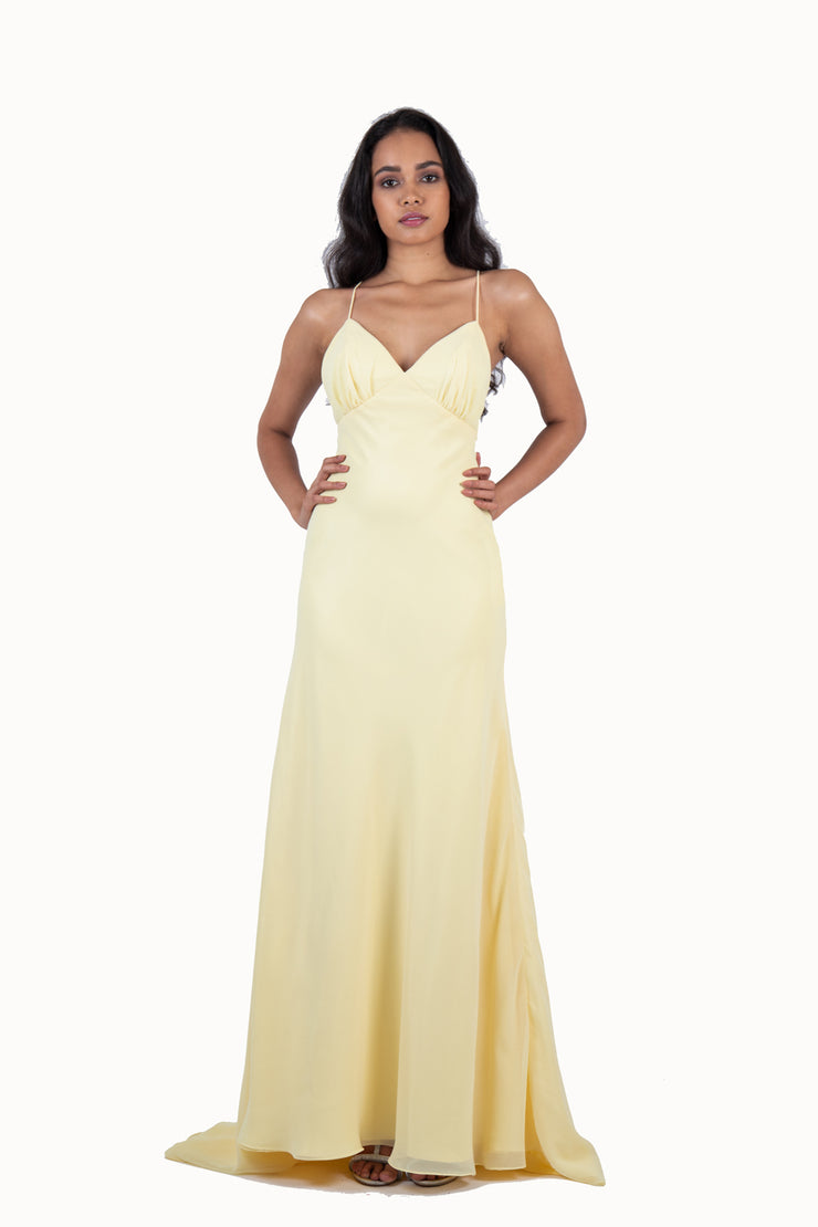 'JOY' Chiffon V-Neck Open Back Flare-Cut | Pastel Yellow