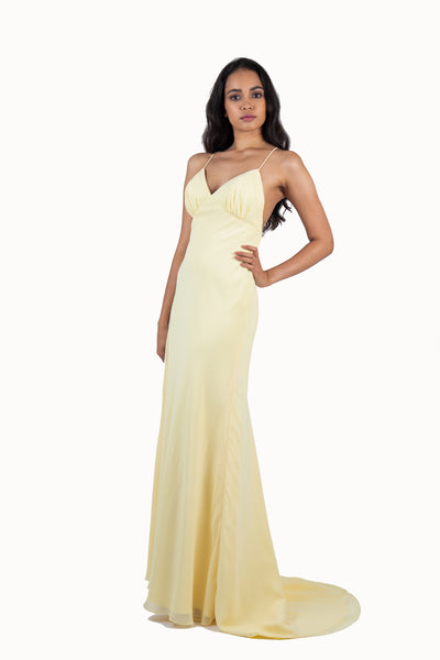 'JOY' Chiffon V-Neck Open Back Flare-Cut | Pastel Yellow