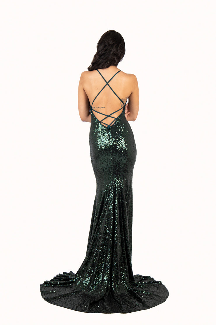 'MINX' Sequin V-Neck Open Back Fitted Train | Emerald