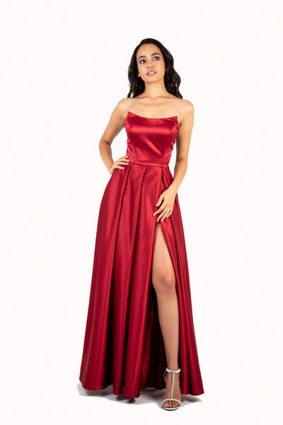 'ROSE' Scoop Neck Open Back Satin Dress | Wine Red