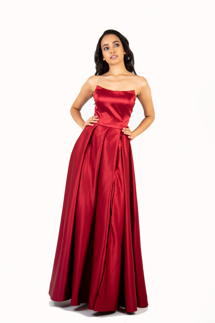 'ROSE' Scoop Neck Open Back Satin Dress | Wine Red