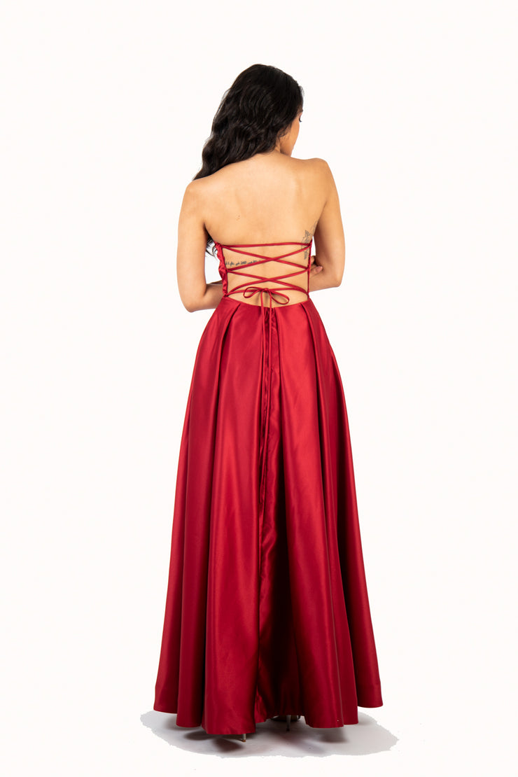 'ROSE' Scoop Neck Open Back Satin Dress | Wine Red