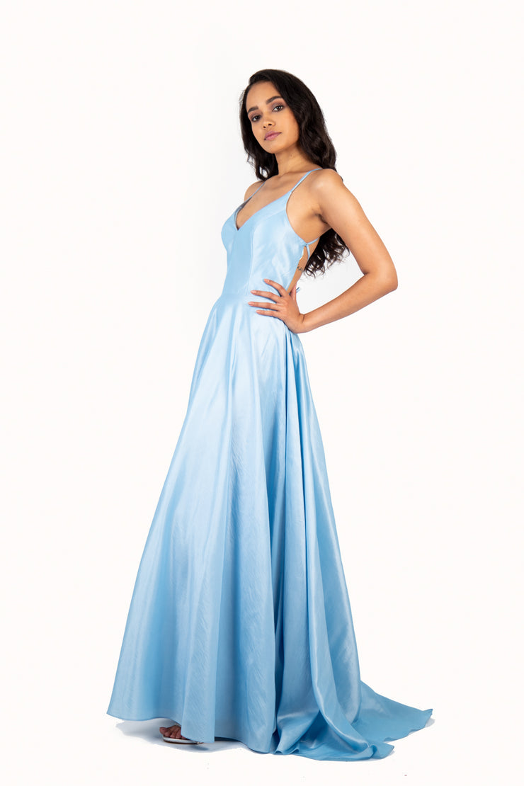 'SHERRI' V-Neck Open Back Tafetta Empire - Sky Blue