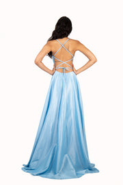 'SHERRI' V-Neck Open Back Tafetta Empire - Sky Blue