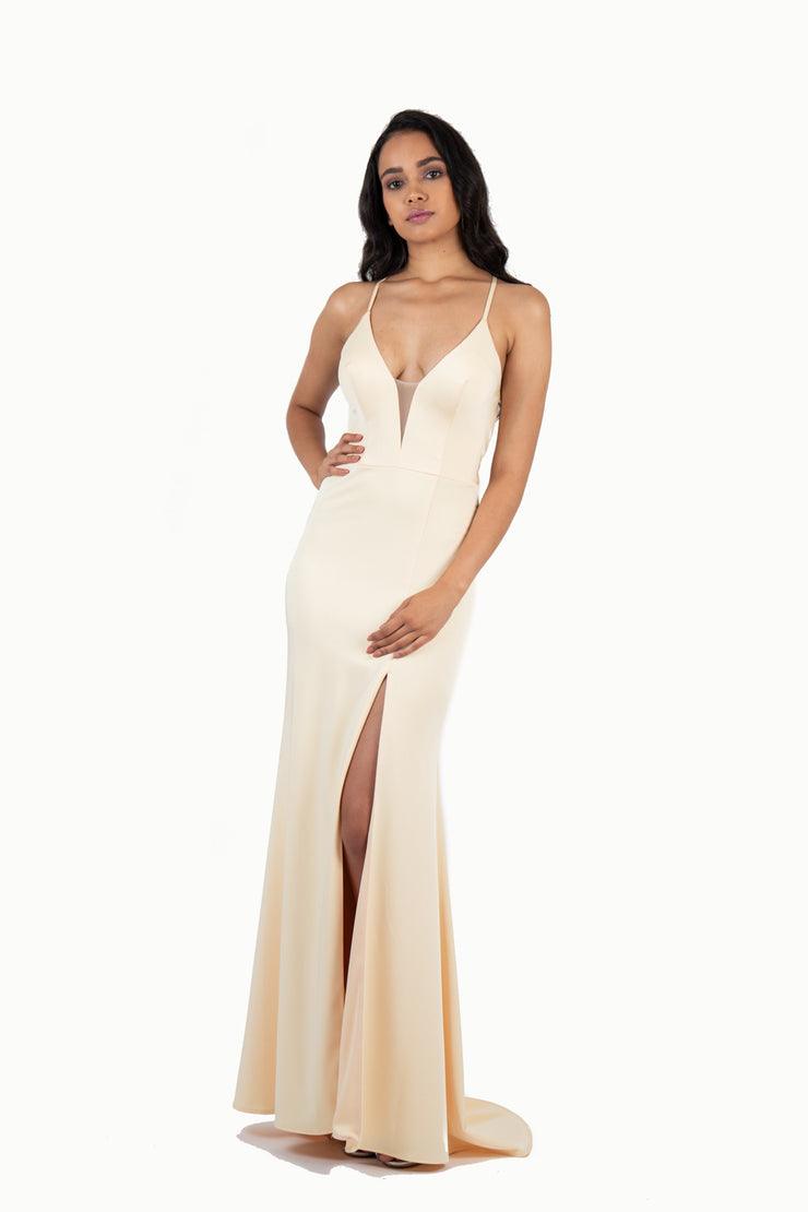 'PENELOPE' Satin Jersey V-Neck Open Back Fitted | Buttercup