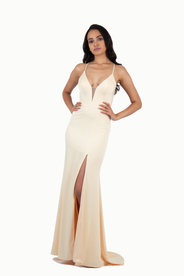 'PENELOPE' Satin Jersey V-Neck Open Back Fitted | Buttercup