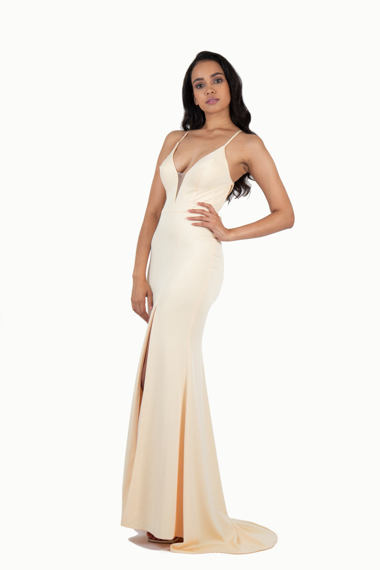 'PENELOPE' Satin Jersey V-Neck Open Back Fitted | Buttercup