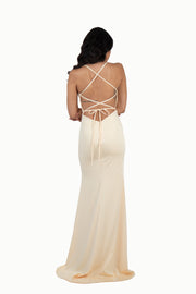 'PENELOPE' Satin Jersey V-Neck Open Back Fitted | Buttercup