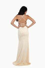 'PENELOPE' Satin Jersey V-Neck Open Back Fitted | Buttercup