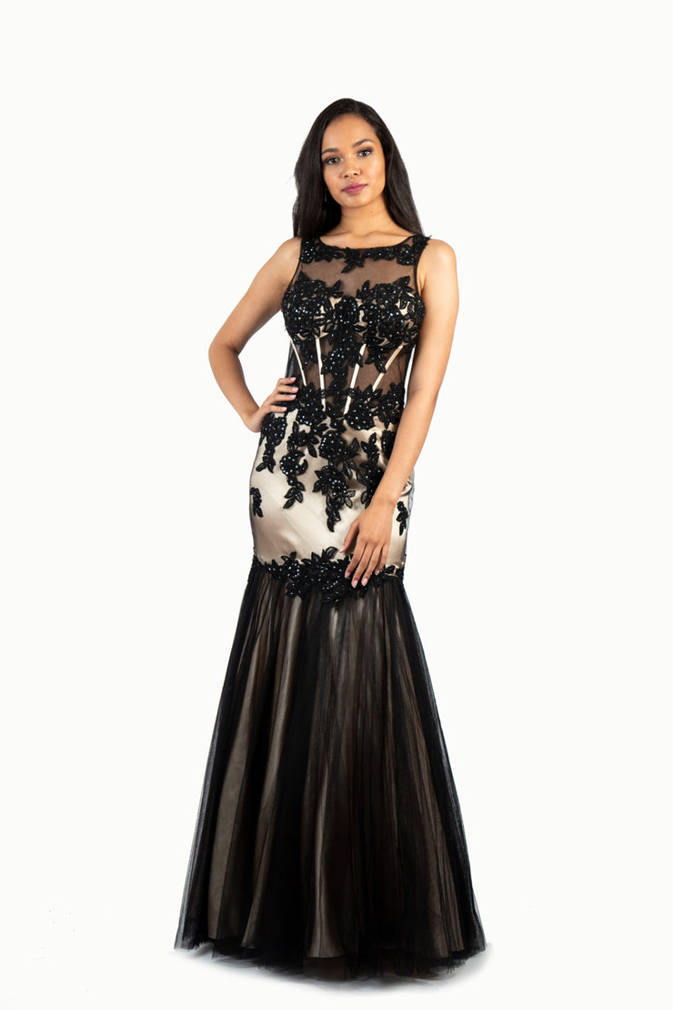 'ELLA' Lace High Neck Keyhole Back Tulle Mermaid | Black Nude