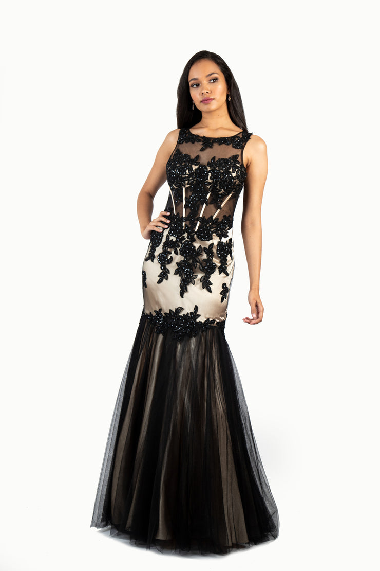 'ELLA' Lace High Neck Keyhole Back Tulle Mermaid | Black Nude