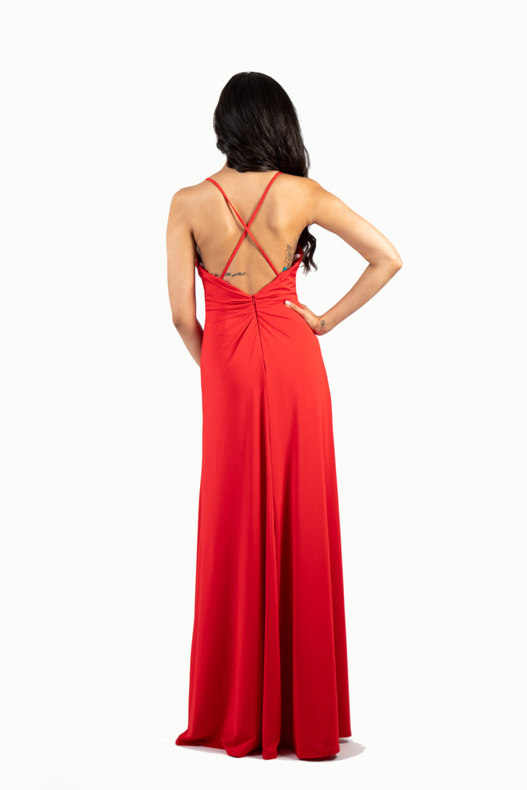 'LUCY' Beaded Jersey Fitted Strappy Back Flare-Cut | Ferrari Red