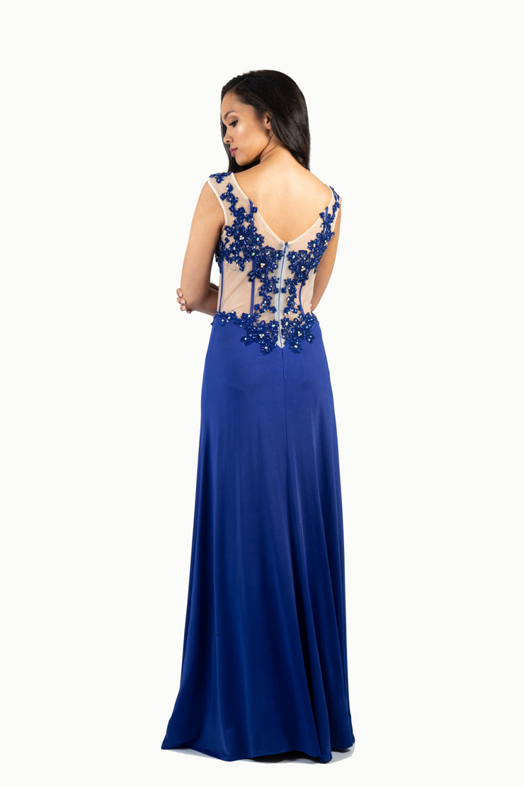 'LISA' Beaded Boned Lace Jersey Flare-Cut | Royal Blue