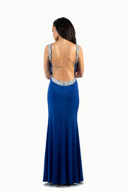 'CANDICE' Beaded High Neck Jersey Fitted Open Back | Royal Blue