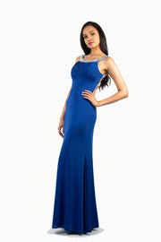 'CANDICE' Beaded High Neck Jersey Fitted Open Back | Royal Blue