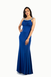 'CANDICE' Beaded High Neck Jersey Fitted Open Back | Royal Blue