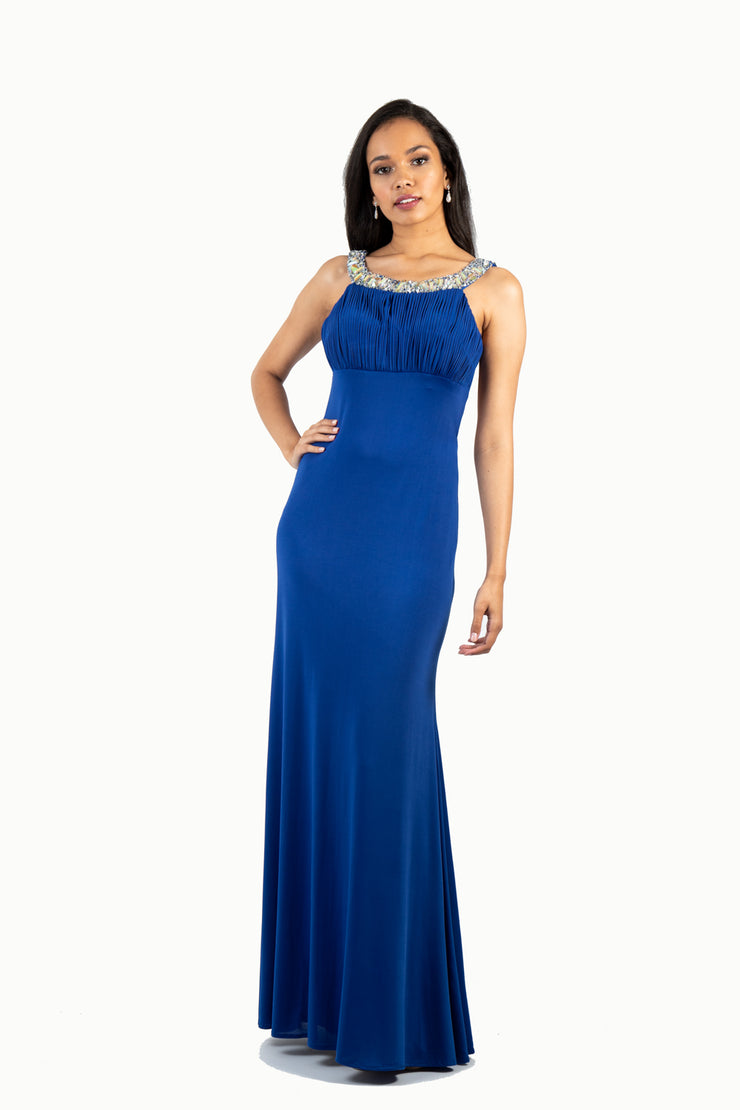 'CANDICE' Beaded High Neck Jersey Fitted Open Back | Royal Blue