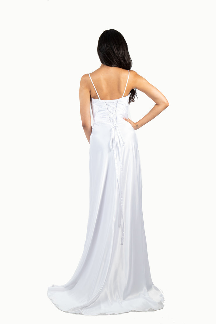 'HEATHER' Pleated Bust Beaded Applique Satin Train | White