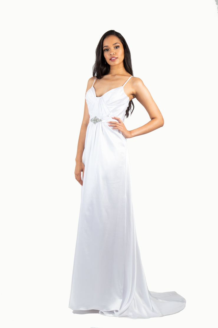 'HEATHER' Pleated Bust Beaded Applique Satin Train | White