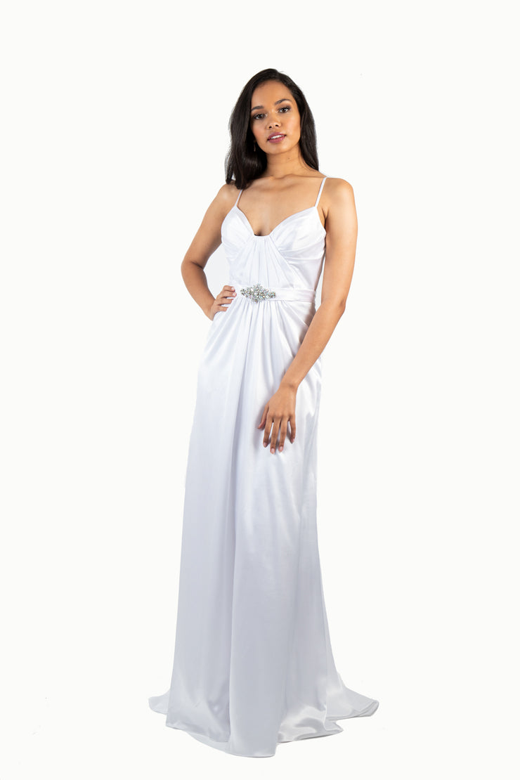 'HEATHER' Pleated Bust Beaded Applique Satin Train | White