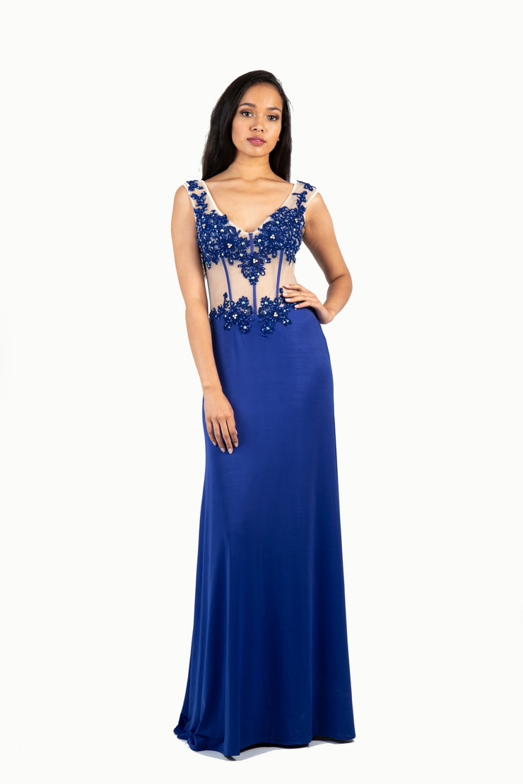 'LISA' Beaded Boned Lace Jersey Flare-Cut | Royal Blue