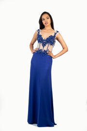 'LISA' Beaded Boned Lace Jersey Flare-Cut | Royal Blue