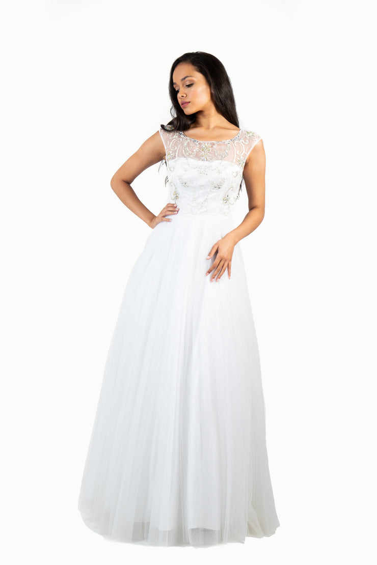 'BAROQUE' Beaded Mesh Cap Sleeve Tulle A-line | White