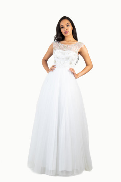 'BAROQUE' Beaded Mesh Cap Sleeve Tulle A-line | White