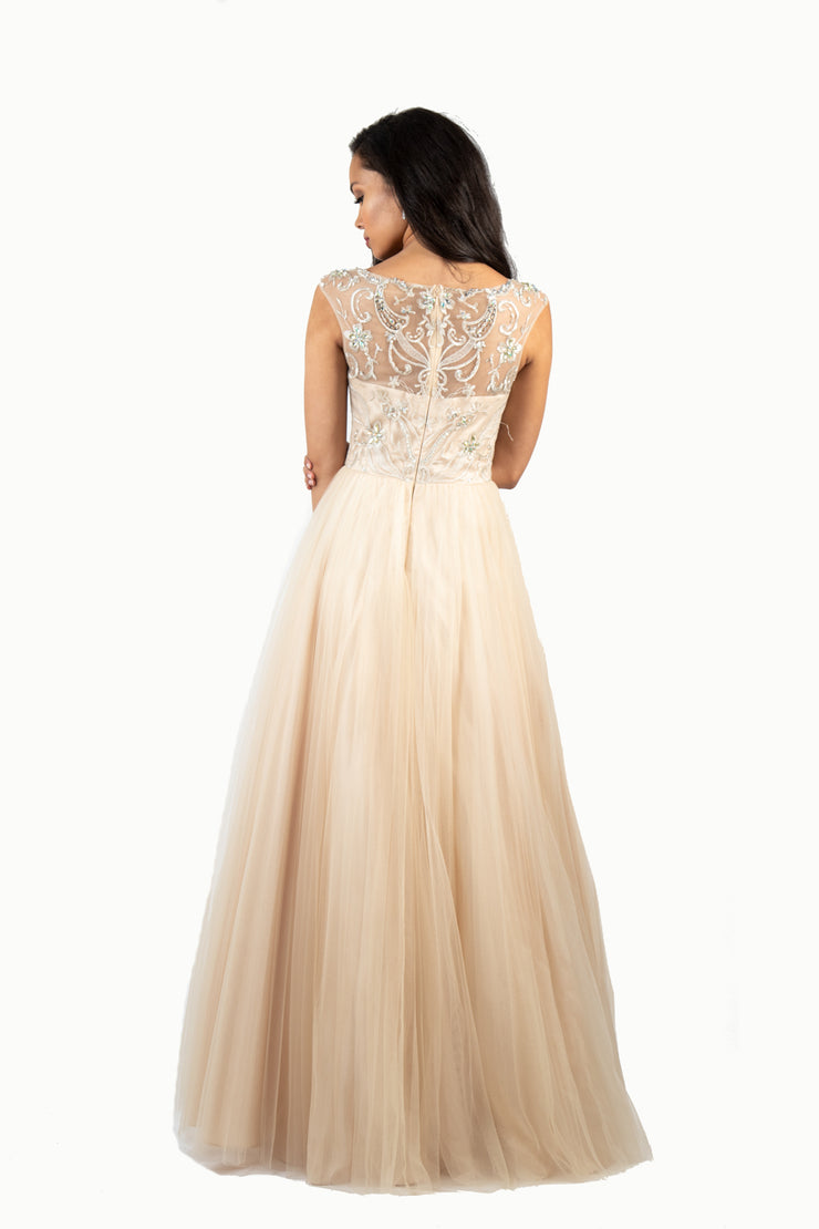 'BAROQUE' Beaded Mesh Cap Sleeve Tulle A-Line | Champagne