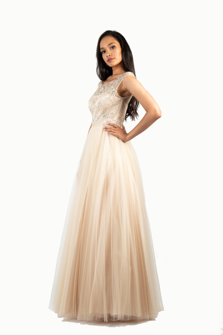 'BAROQUE' Beaded Mesh Cap Sleeve Tulle A-Line | Champagne