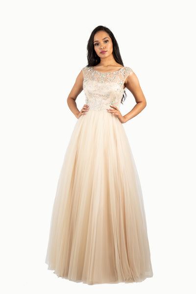 'BAROQUE' Beaded Mesh Cap Sleeve Tulle A-Line | Champagne