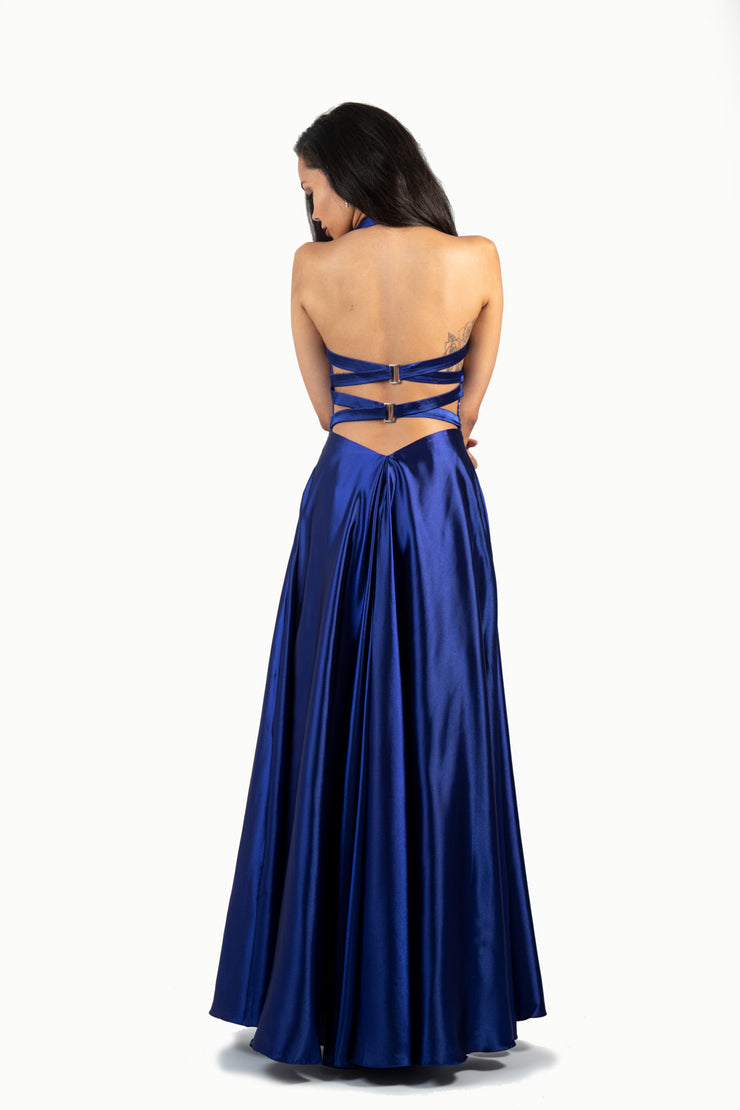 'JEANNE' Beaded Halter Satin Open Back Flare | Royal Blue