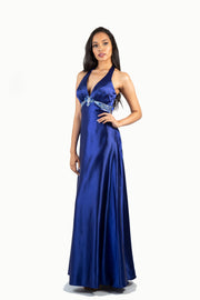 'JEANNE' Beaded Halter Satin Open Back Flare | Royal Blue