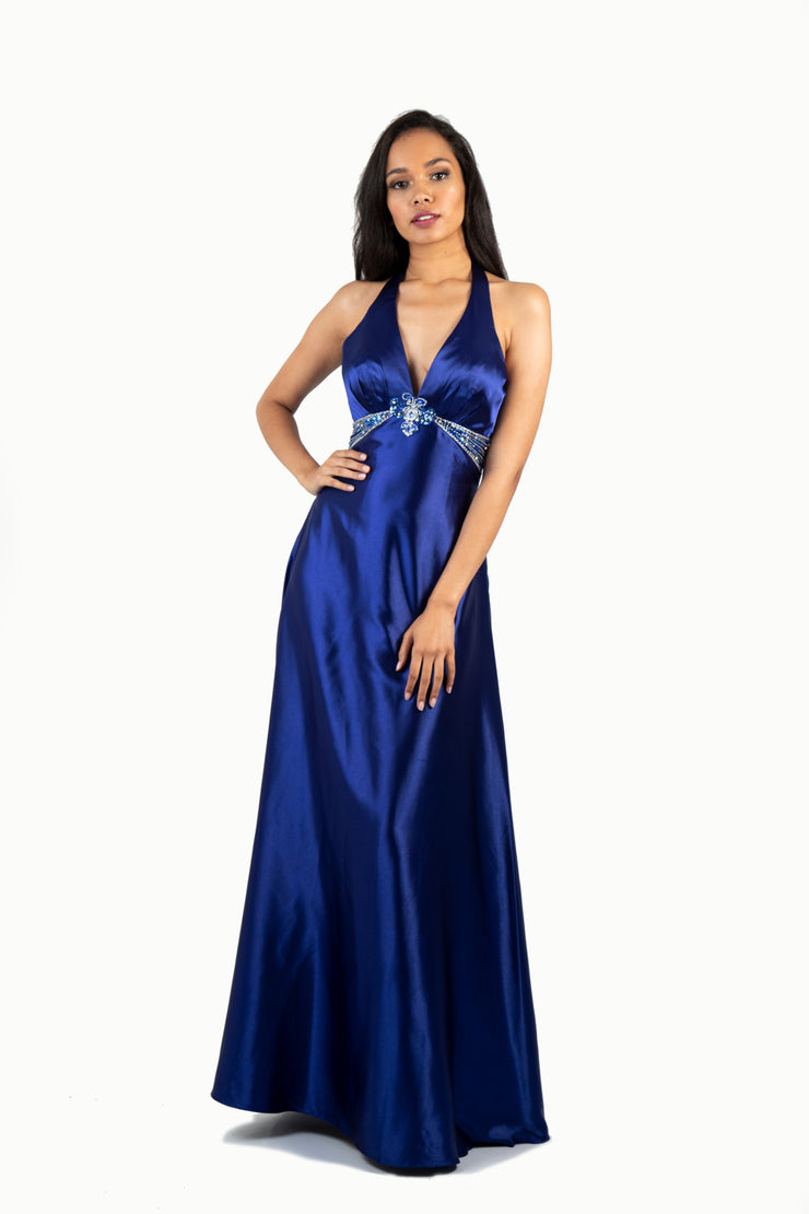 'JEANNE' Beaded Halter Satin Open Back Flare | Royal Blue