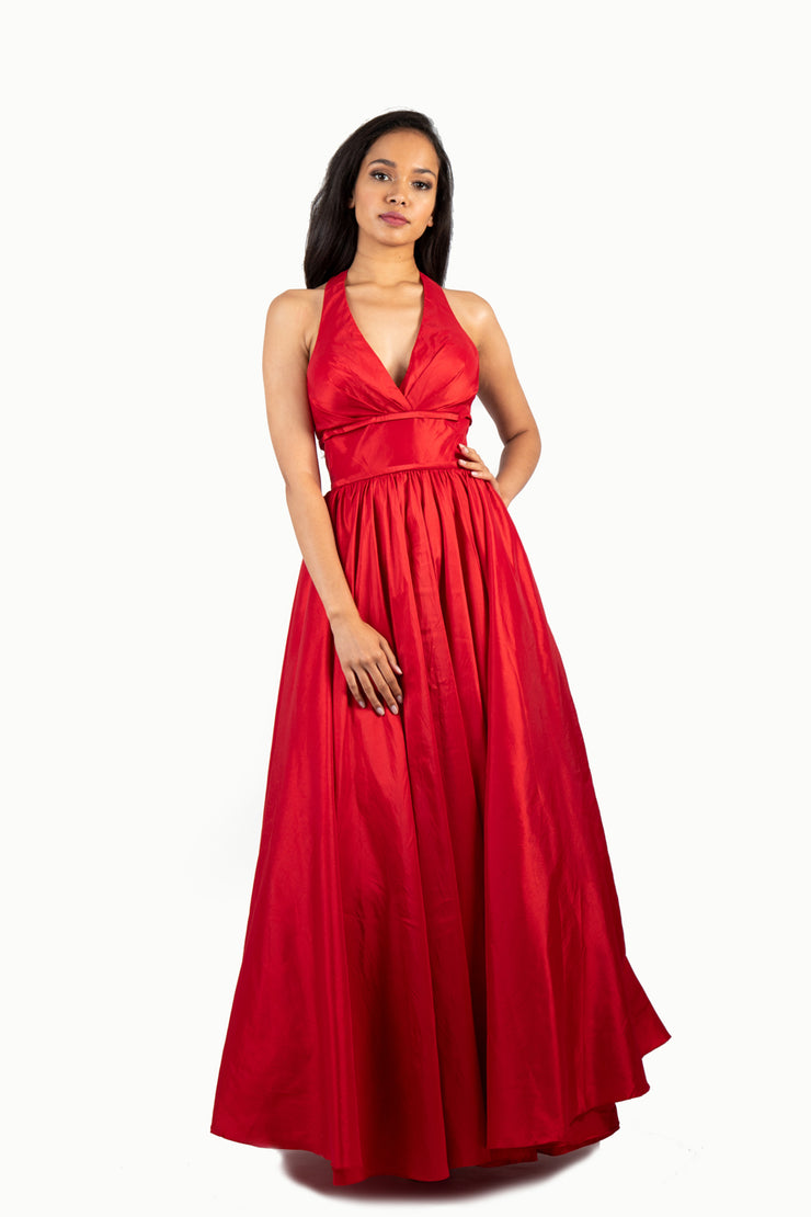 'TIFFANY' Pleated Halter Tafetta A-Line Dress | Ferrari Red